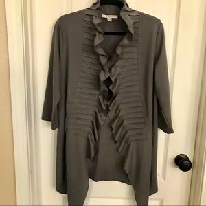 Fever brand long blazer in olive green color, ruffles & 3/4 sleeves, Medium.